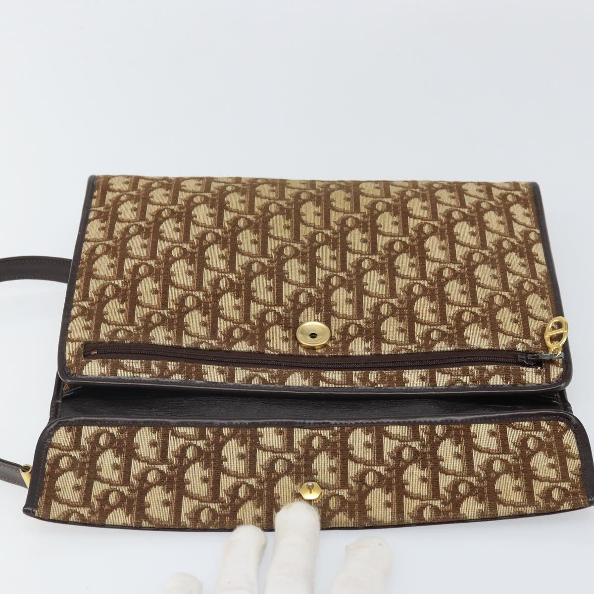 Christian Dior Trotter Canvas Shoulder Bag Beige Gold Auth 170604