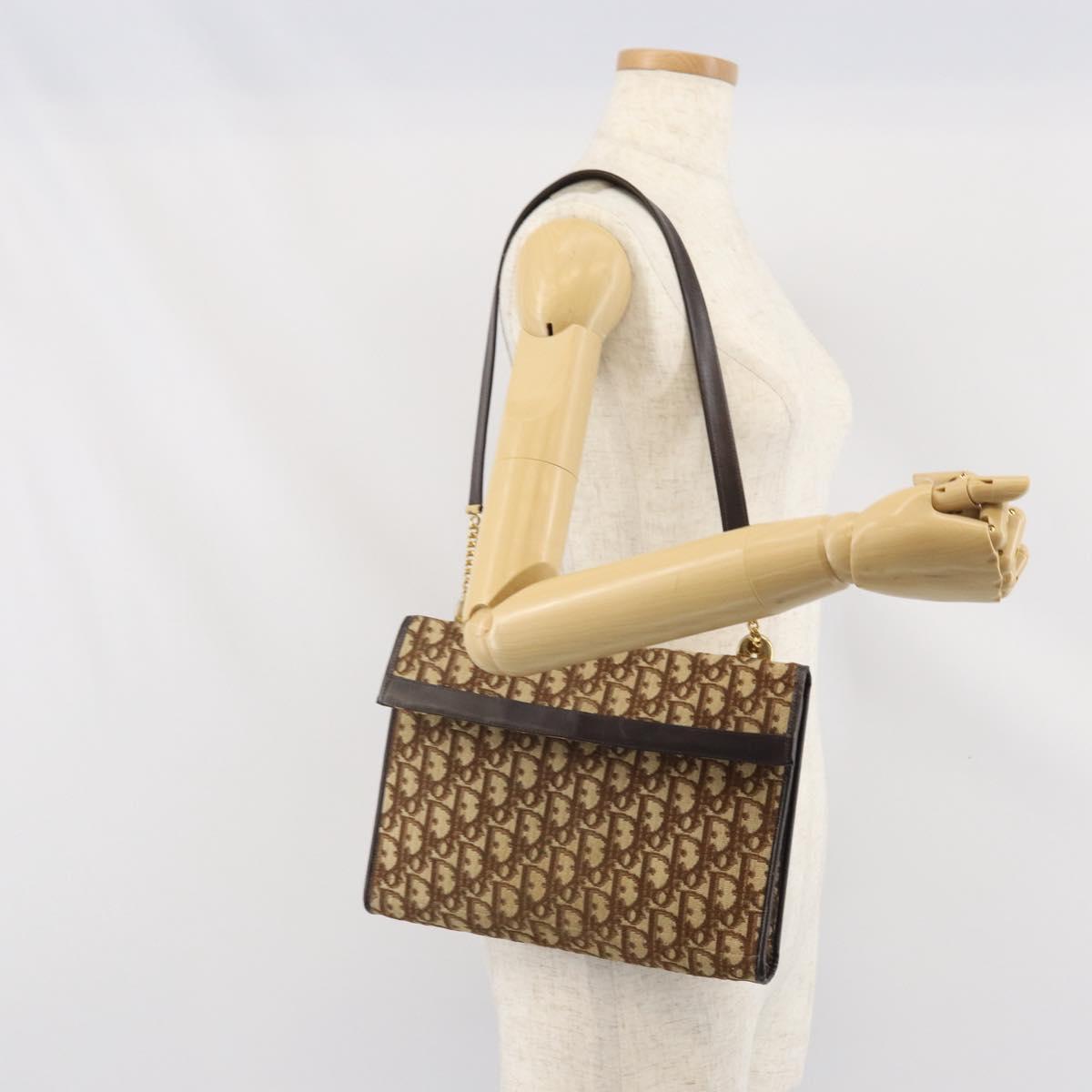 Christian Dior Trotter Canvas Shoulder Bag Beige Gold Auth 170604
