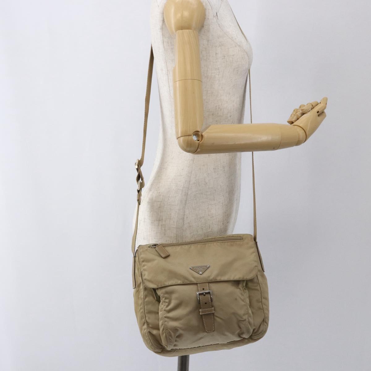 PRADA Shoulder Bag Nylon Beige Silver Auth 170605