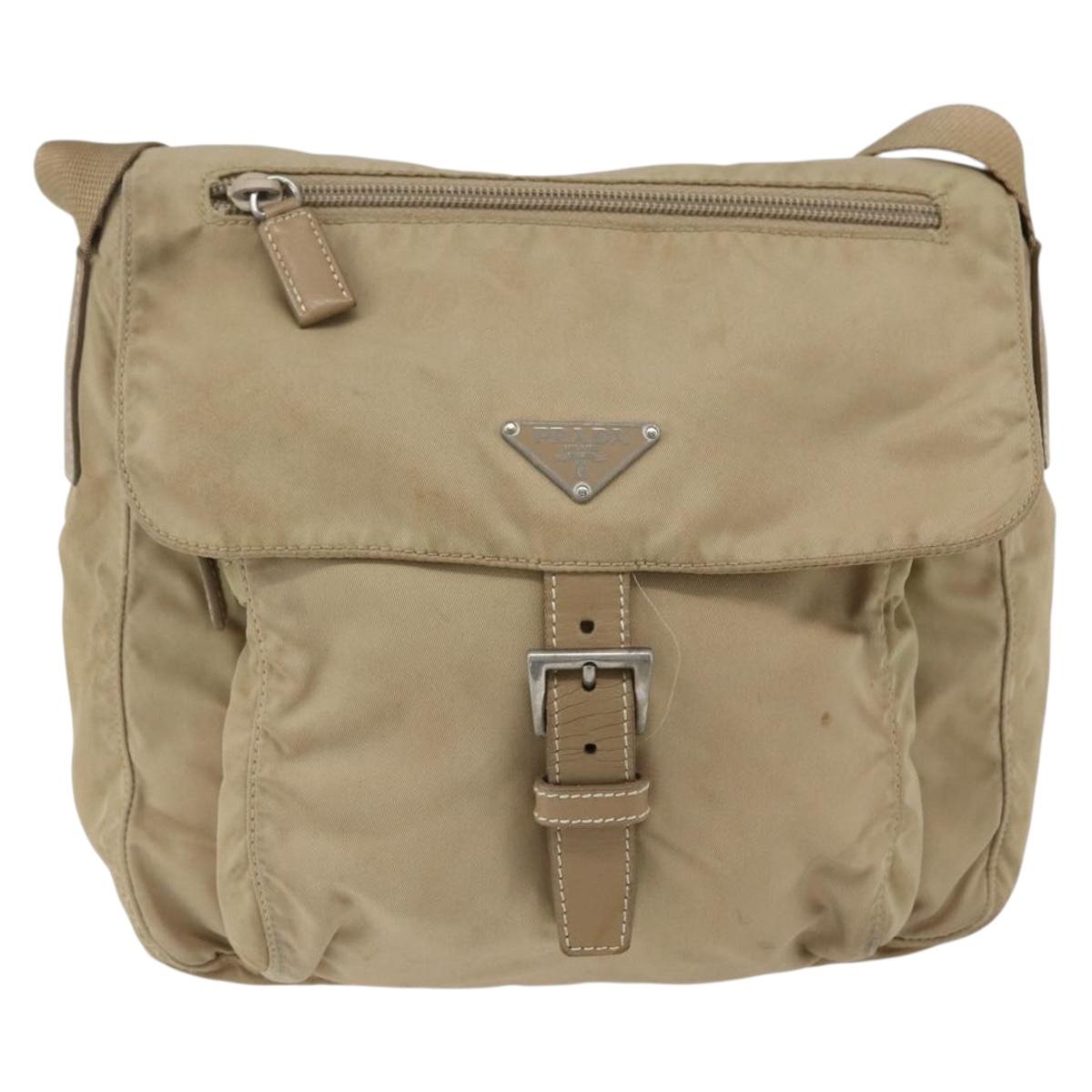 PRADA Shoulder Bag Nylon Beige Silver Auth 170605