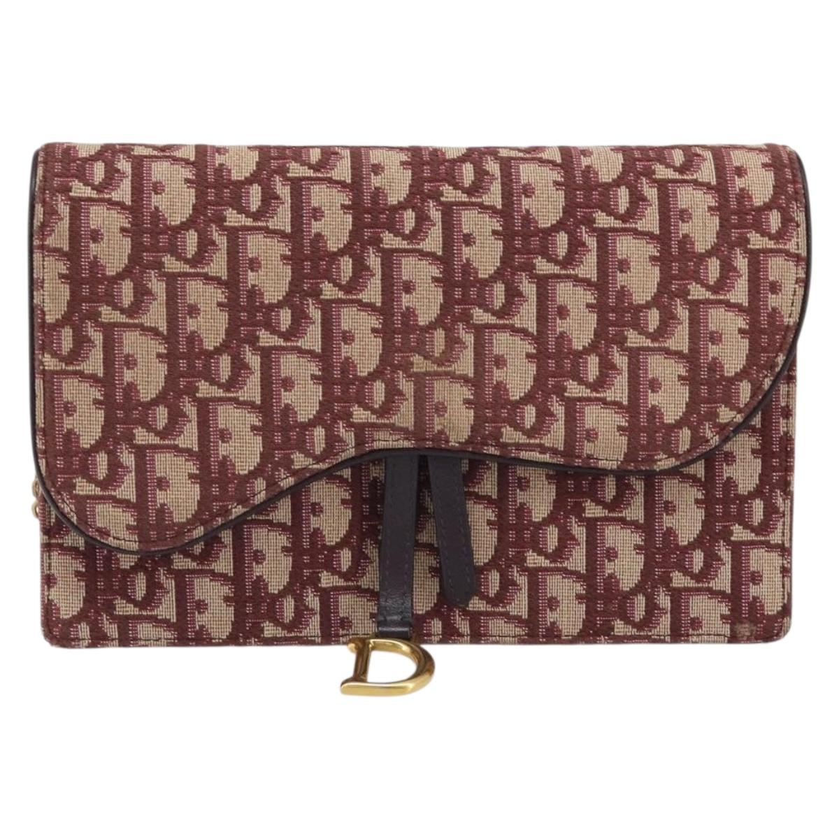 Christian Dior Trotter Canvas Saddle Chain Shoulder Bag Red Gold Auth 170648