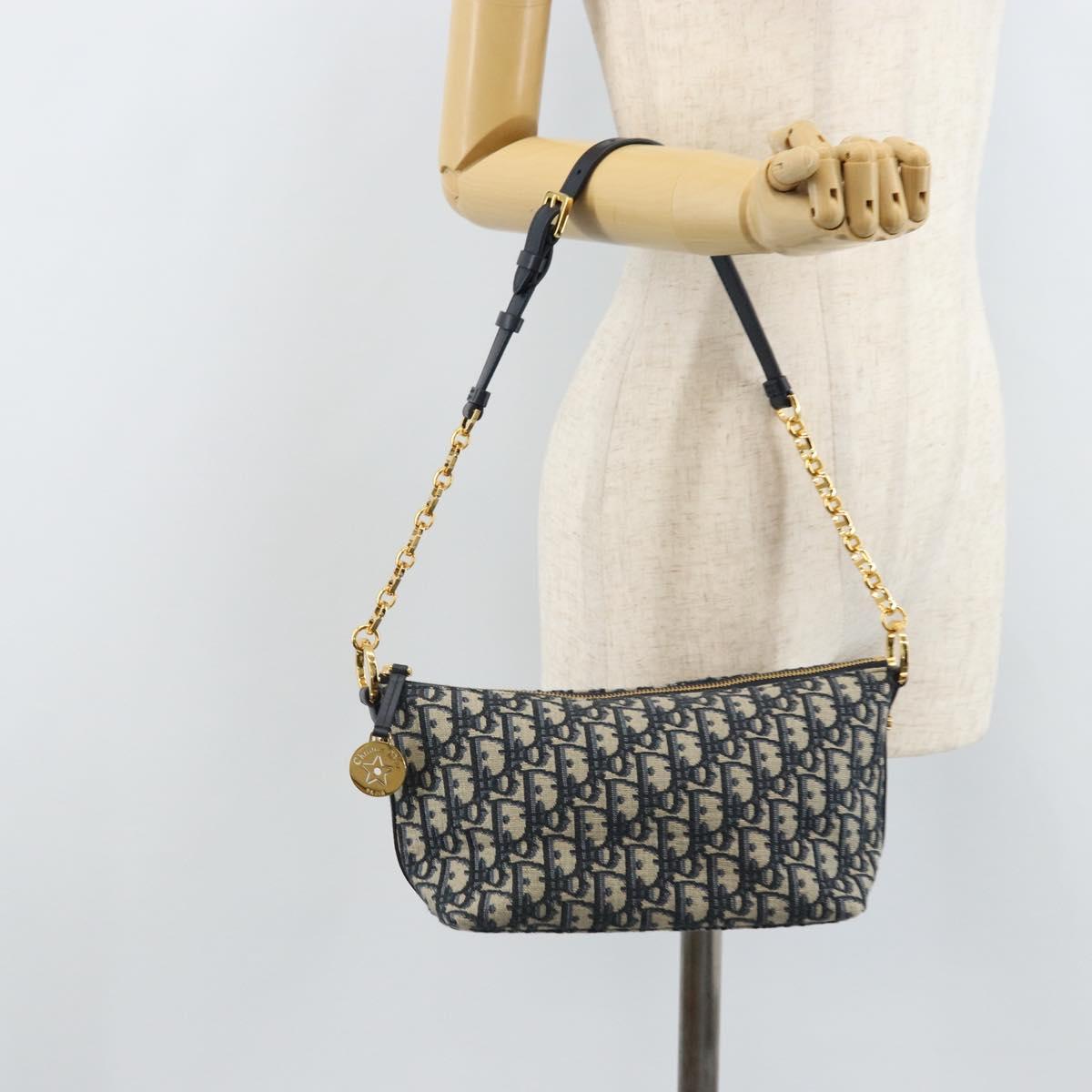 Christian Dior Trotter Canvas Chain Hobo Shoulder Bag Navy Gold Auth 170651SM