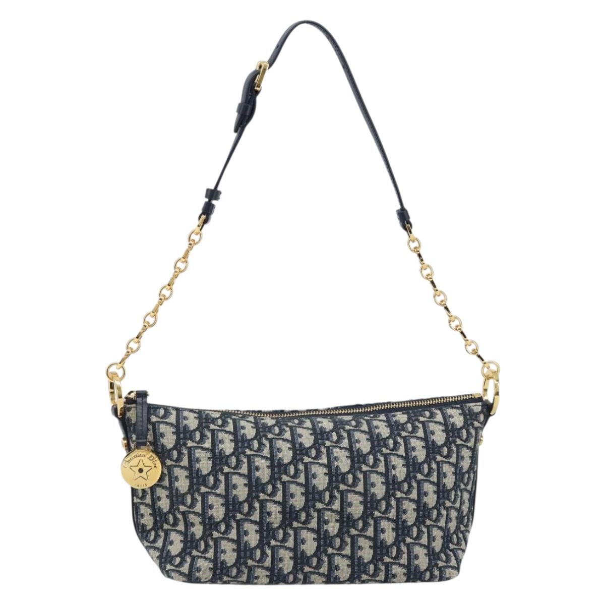 Christian Dior Trotter Canvas Chain Hobo Shoulder Bag Navy Gold Auth 170651SM