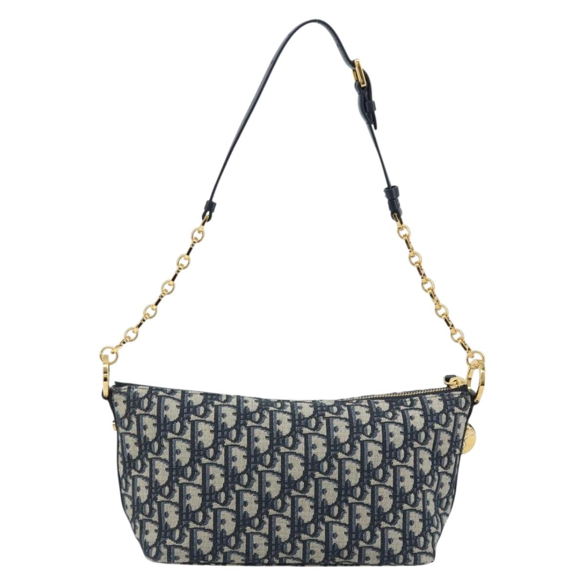 Christian Dior Trotter Canvas Chain Hobo Shoulder Bag Navy Gold Auth 170651SM