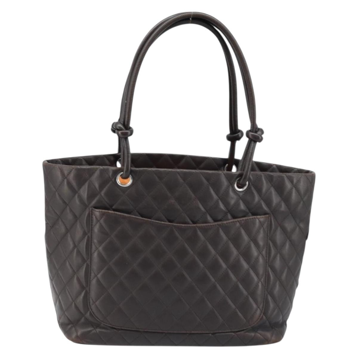 CHANEL Cambon Line Matelasse Tote Bag Leather Brown Silver CC Auth 170655