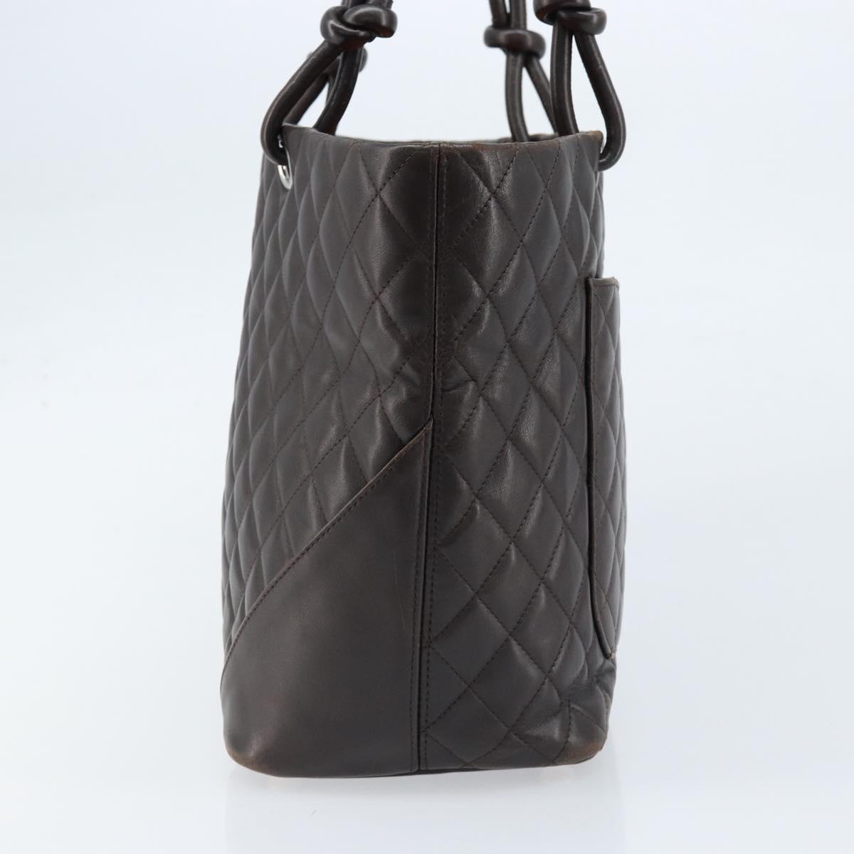 CHANEL Cambon Line Matelasse Tote Bag Leather Brown Silver CC Auth 170655