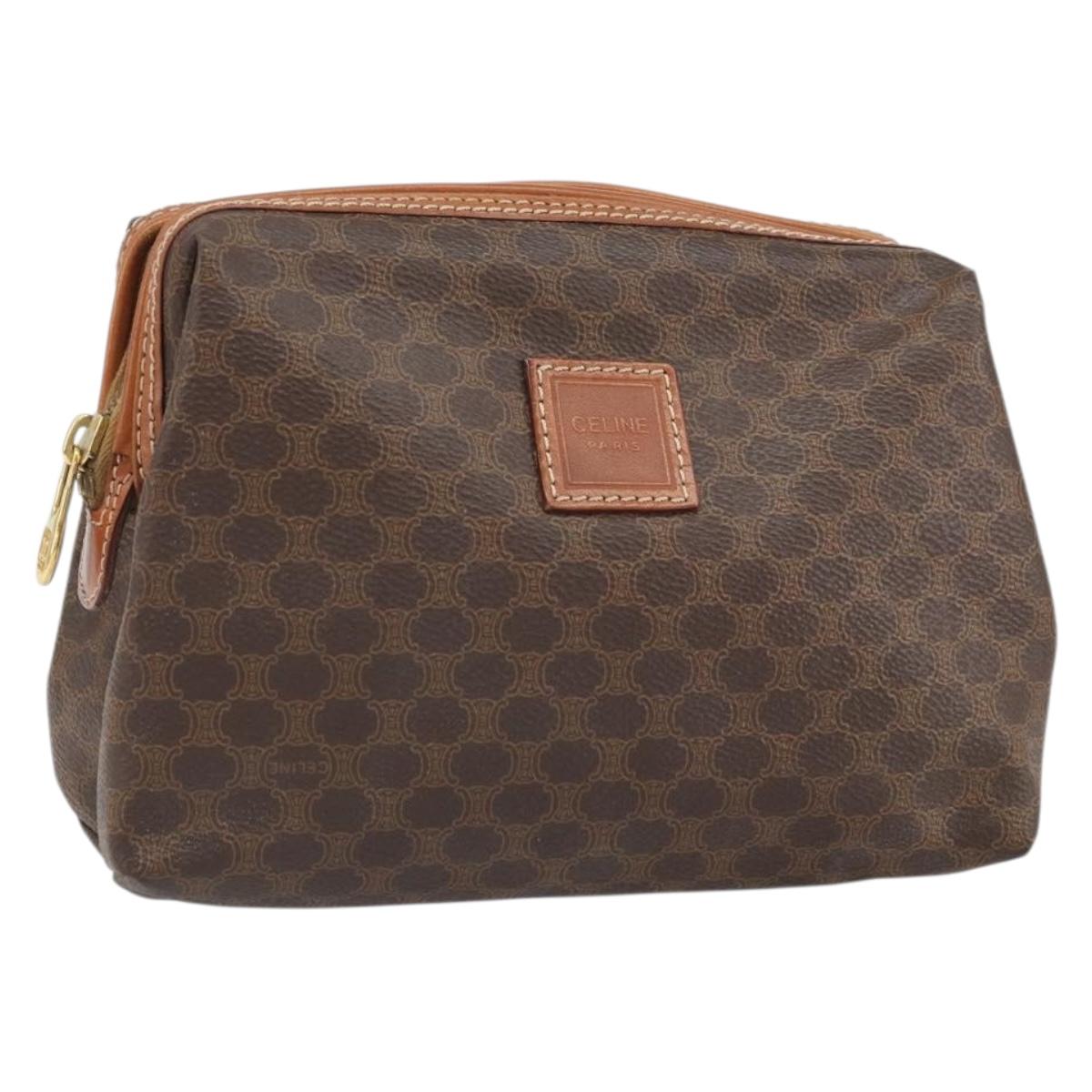 CELINE Macadam Canvas Pouch PVC Leather Brown Gold Auth 170685