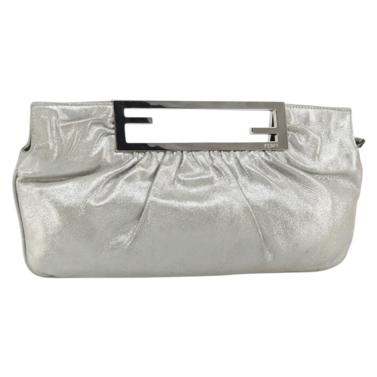 FENDI Hand Bag Leather Silver Auth 170686