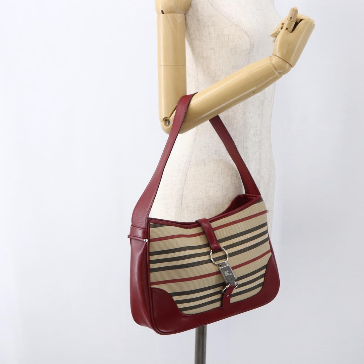 BURBERRY Nova Check Blue Label Shoulder Bag Canvas Beige Silver Auth 170703