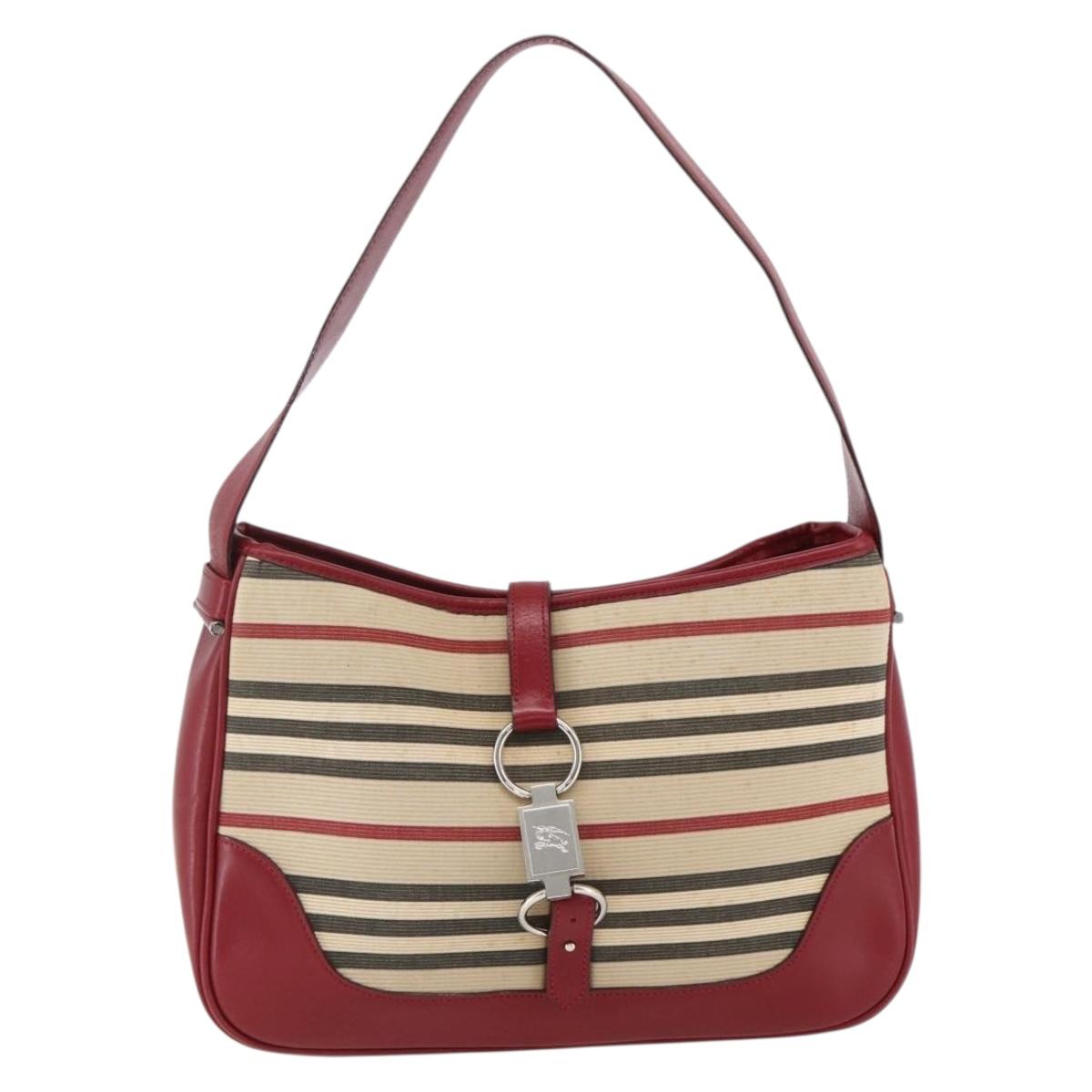 BURBERRY Nova Check Blue Label Shoulder Bag Canvas Beige Silver Auth 170703