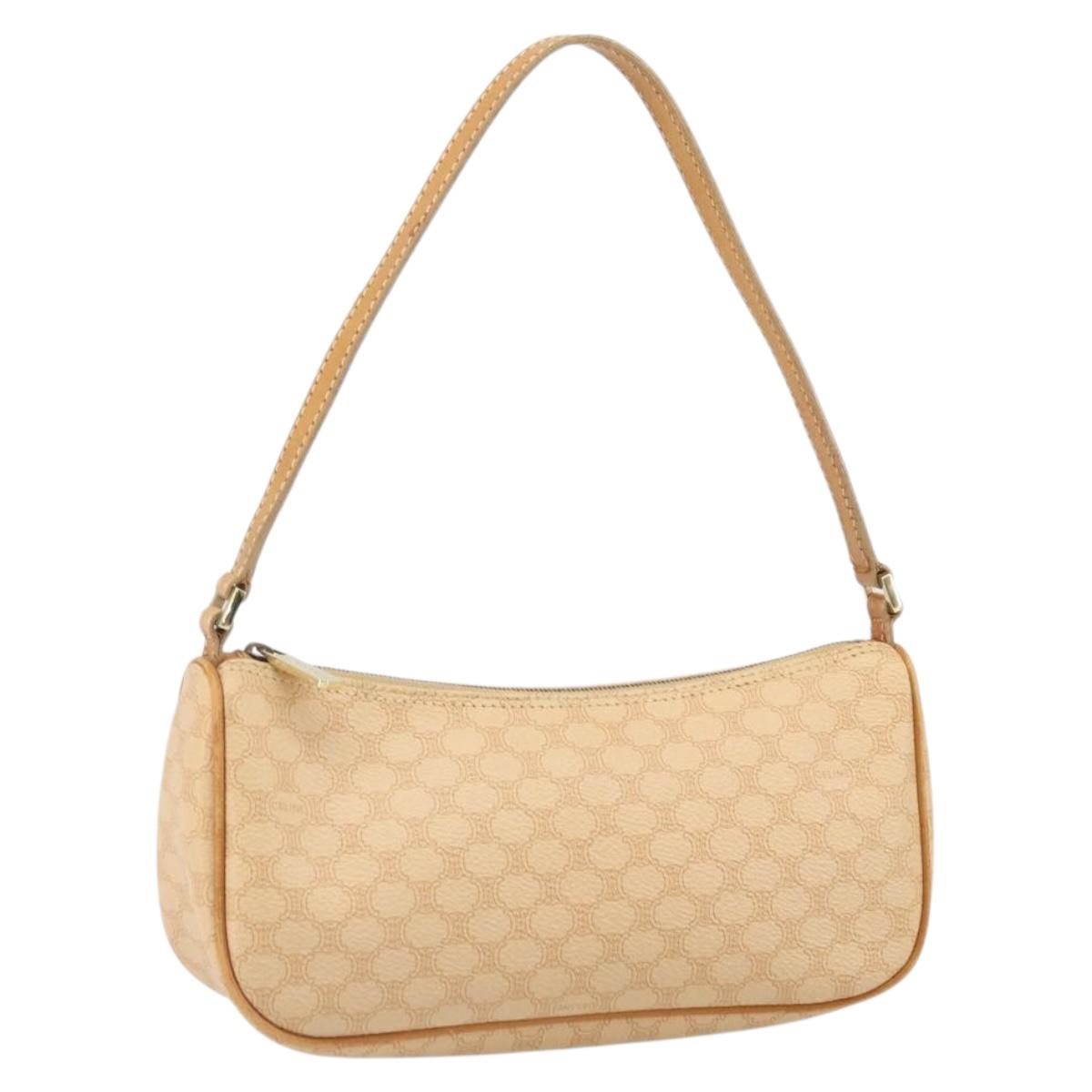 CELINE Macadam Canvas Shoulder Bag PVC Leather Beige Gold Auth 170714