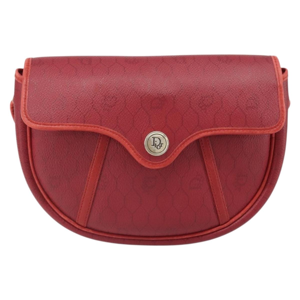 Christian Dior Honeycomb Canvas Shoulder Bag PVC Red Gold Auth 170715
