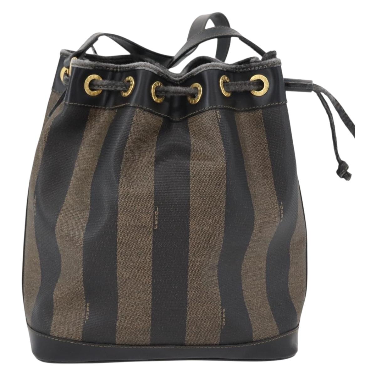 FENDI Pecan Canvas Shoulder Bag PVC Black Brown Auth 170718