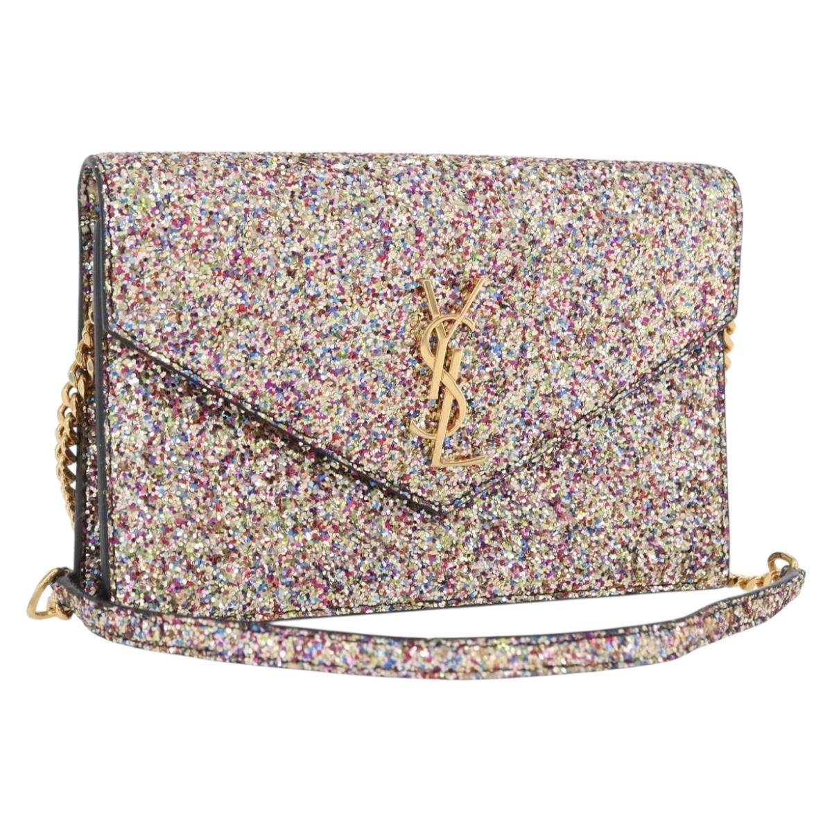 SAINT LAURENT Chain Wallet Shoulder Bag Sequin Multicolor Gold Auth 170726