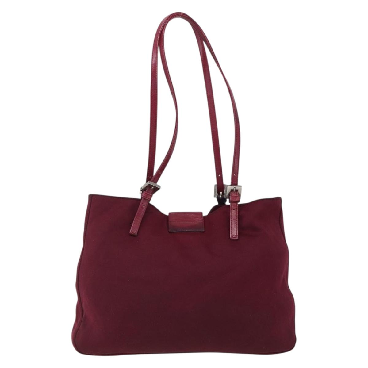 FENDI Mamma Baguette Tote Bag Nylon Bordeaux Silver Auth 170739