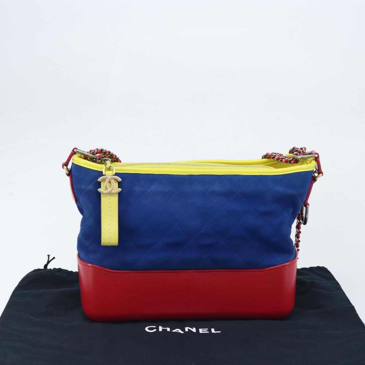 CHANEL Matelasse Gabriel De Chanel Chain Bag Suede Blue Red CC Auth 170752A