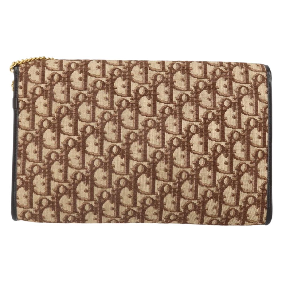 Christian Dior Trotter Canvas Chain Shoulder Bag Brown Gold Auth 170764