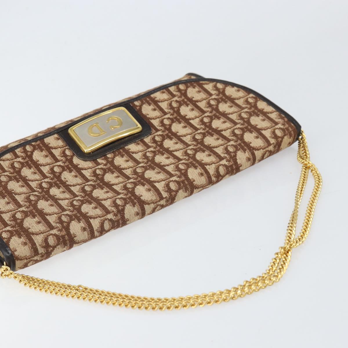 Christian Dior Trotter Canvas Chain Shoulder Bag Brown Gold Auth 170764