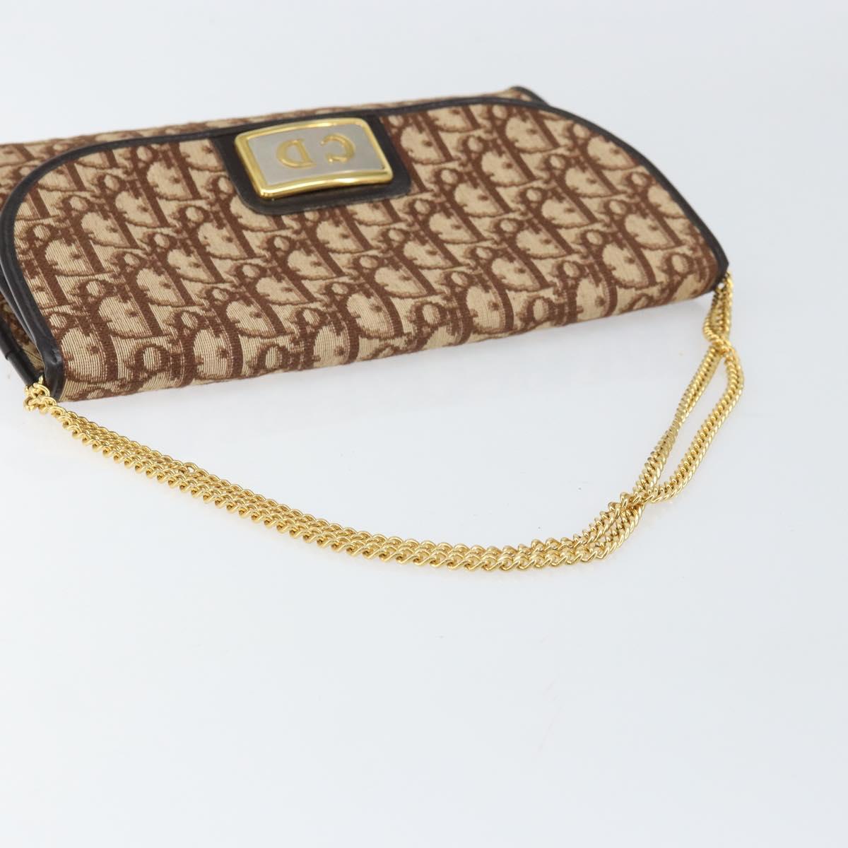Christian Dior Trotter Canvas Chain Shoulder Bag Brown Gold Auth 170764