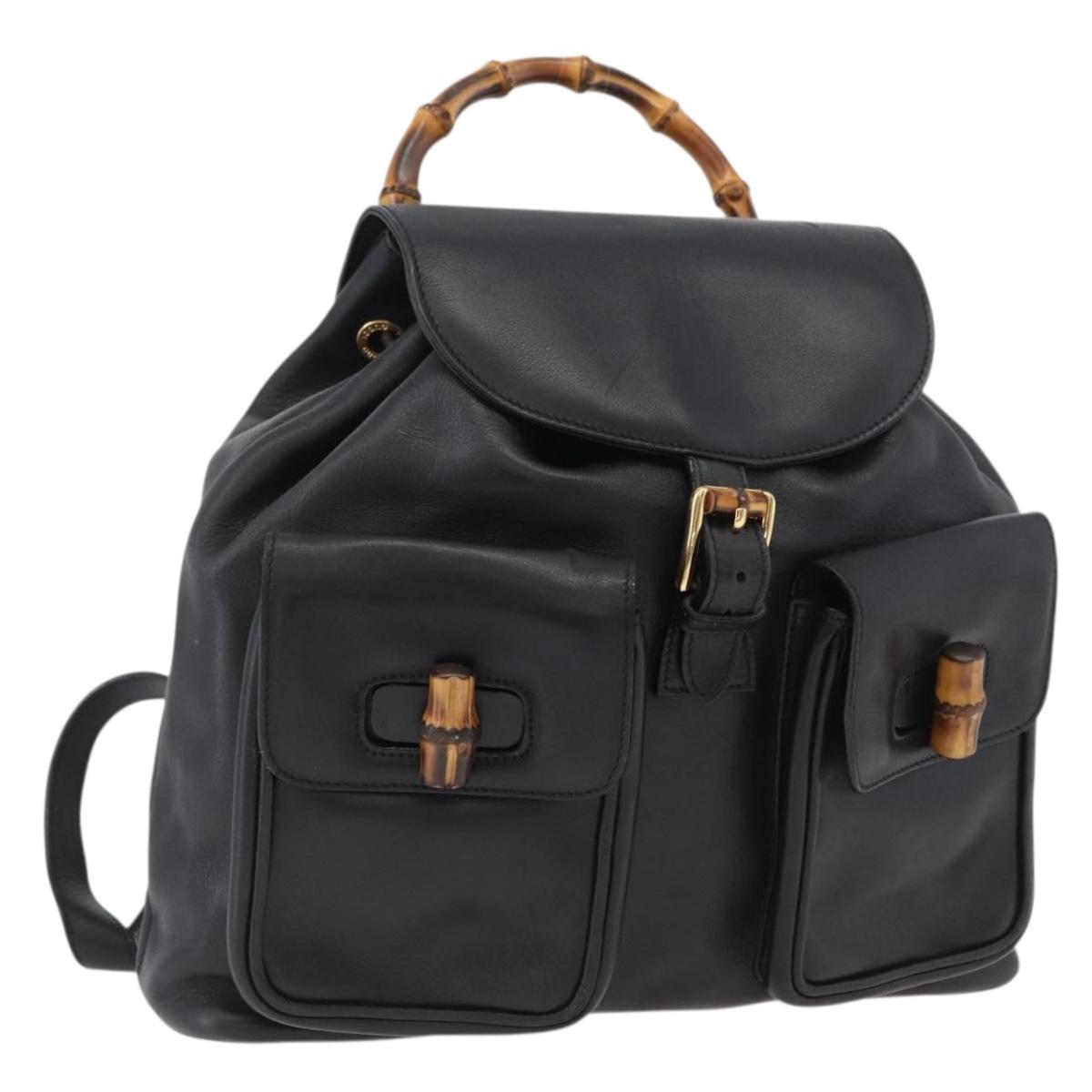 GUCCI Bamboo Backpack Leather Black Gold 003 2058 0016 Auth 170790A