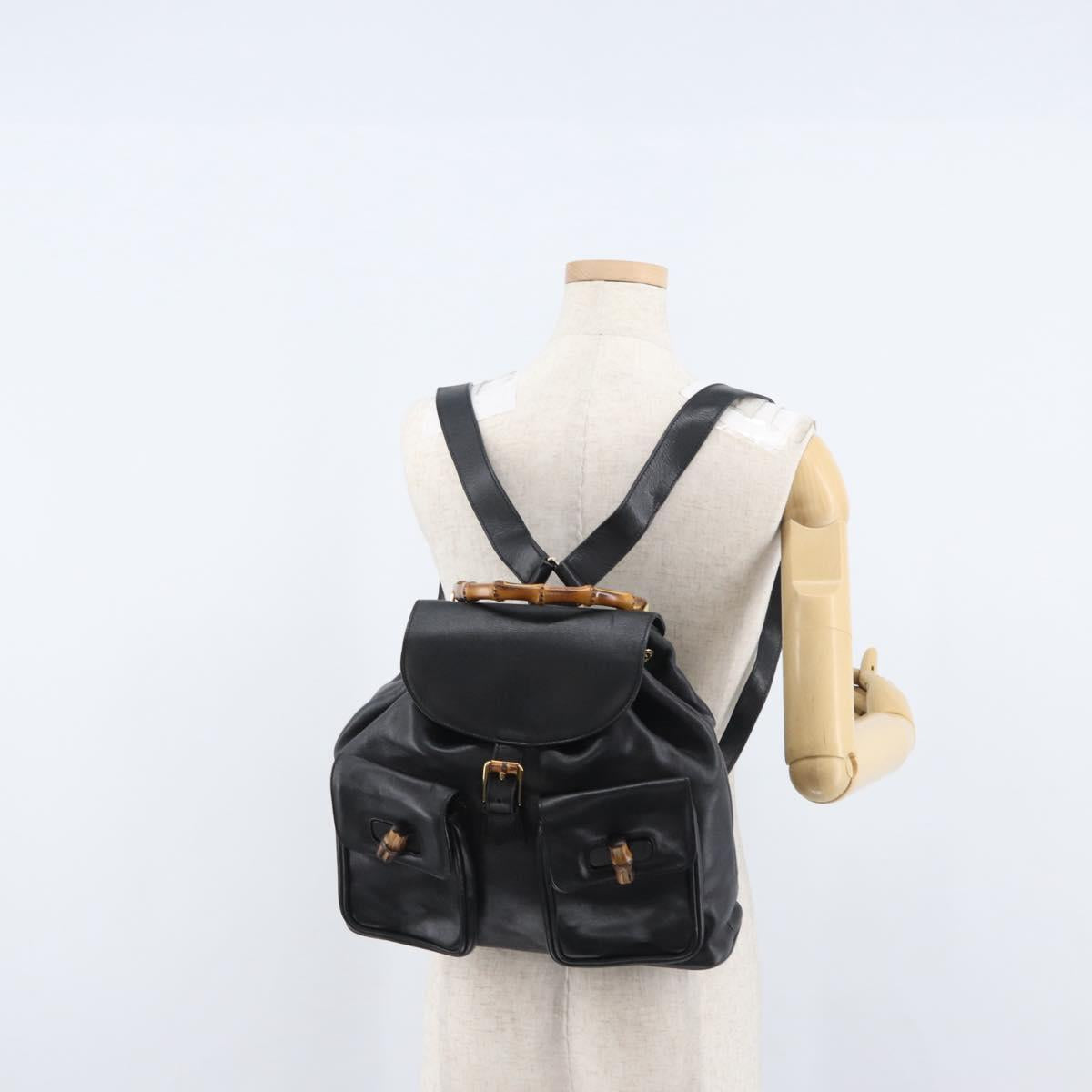 GUCCI Bamboo Backpack Leather Black Gold 003 2058 0016 Auth 170790A