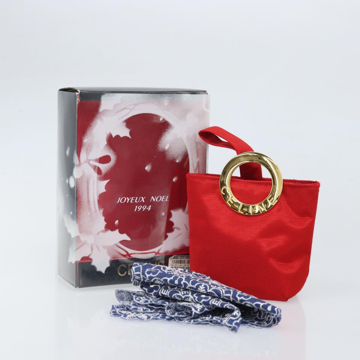 CELINE Circle Pouch Nylon Handkerchief Set Red Gold Auth 170797V