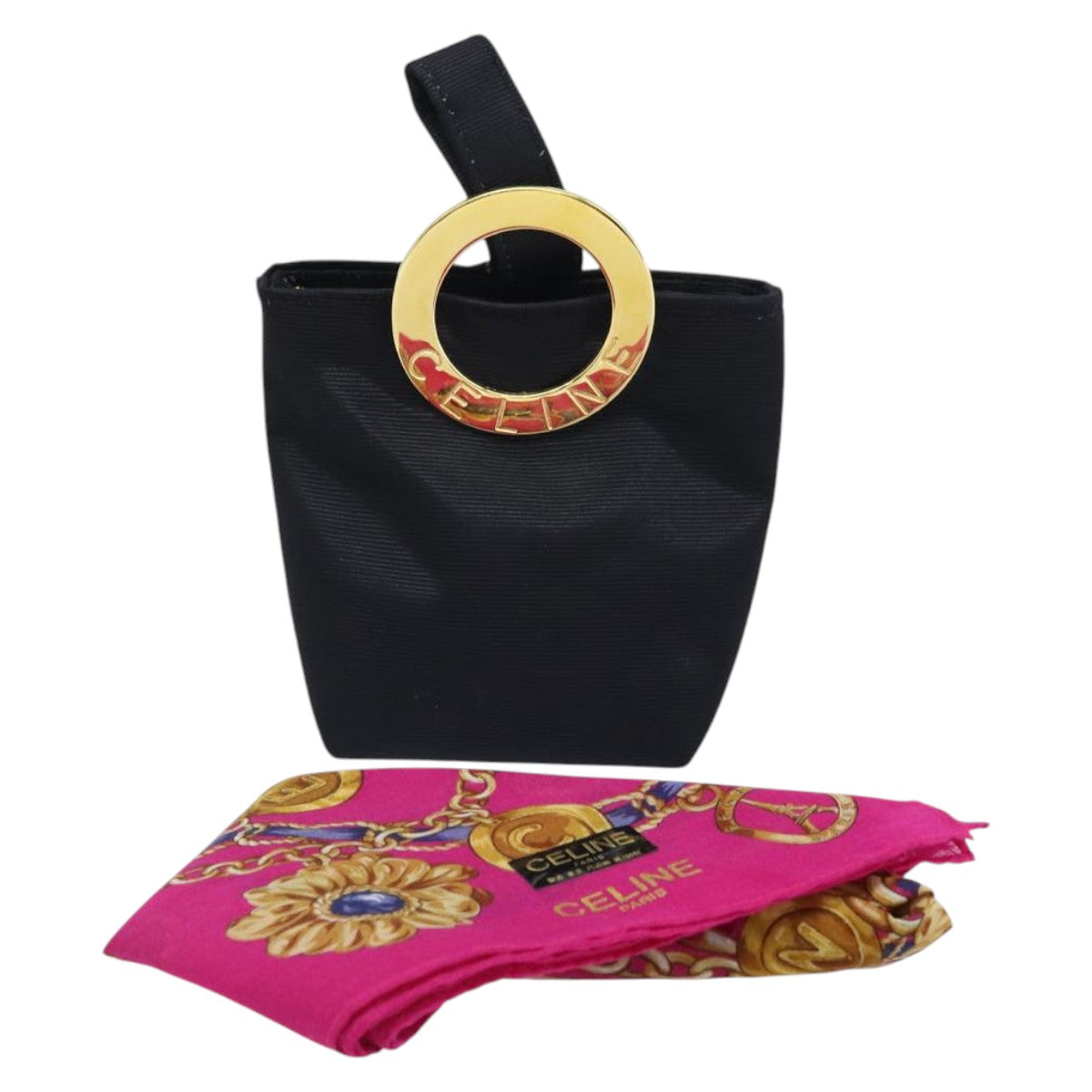 CELINE Circle Pouch Nylon Black Gold Auth 170798V