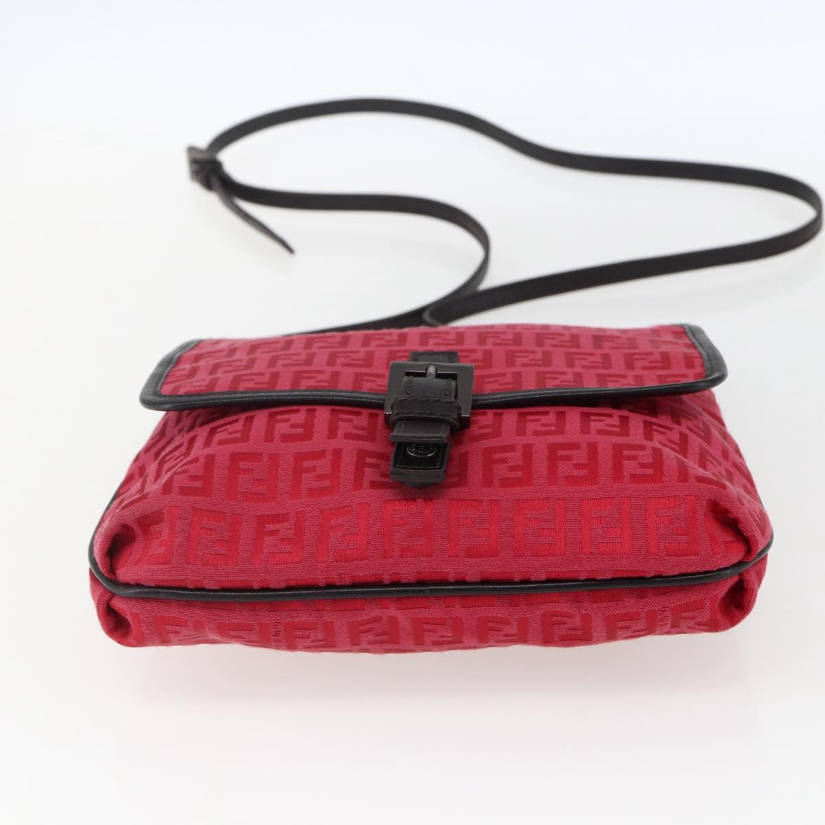 FENDI Zucchino Canvas Shoulder Bag Red Silver Auth 170824