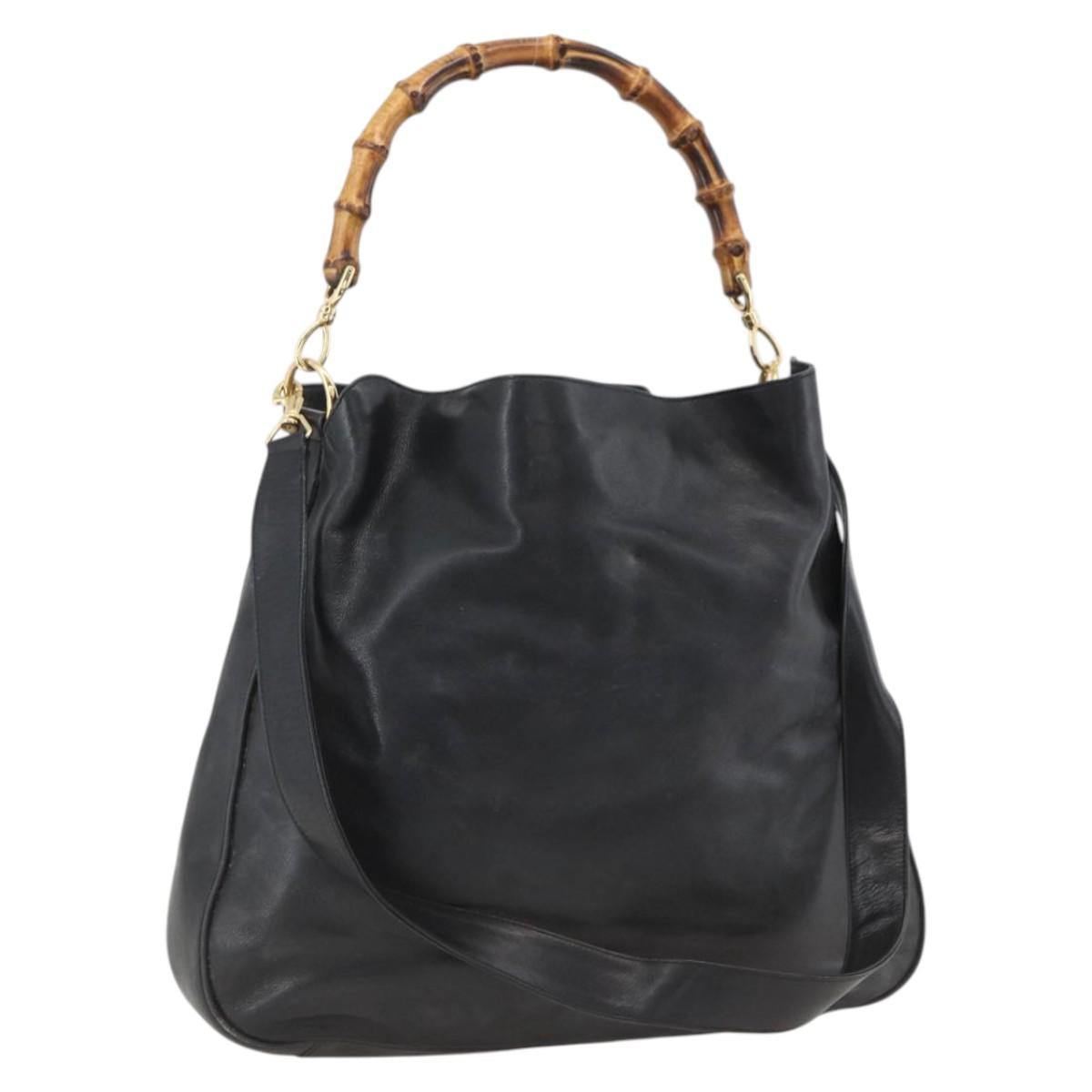 GUCCI Bamboo Shoulder Bag Leather 2way Black Gold 001 1781 1577 Auth 170828