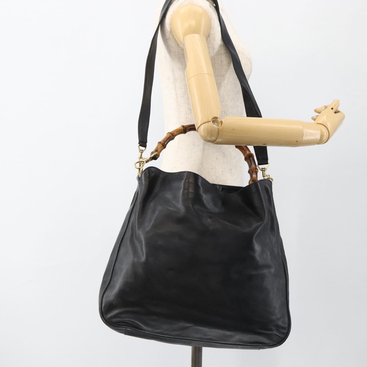 GUCCI Bamboo Shoulder Bag Leather 2way Black Gold 001 1781 1577 Auth 170828