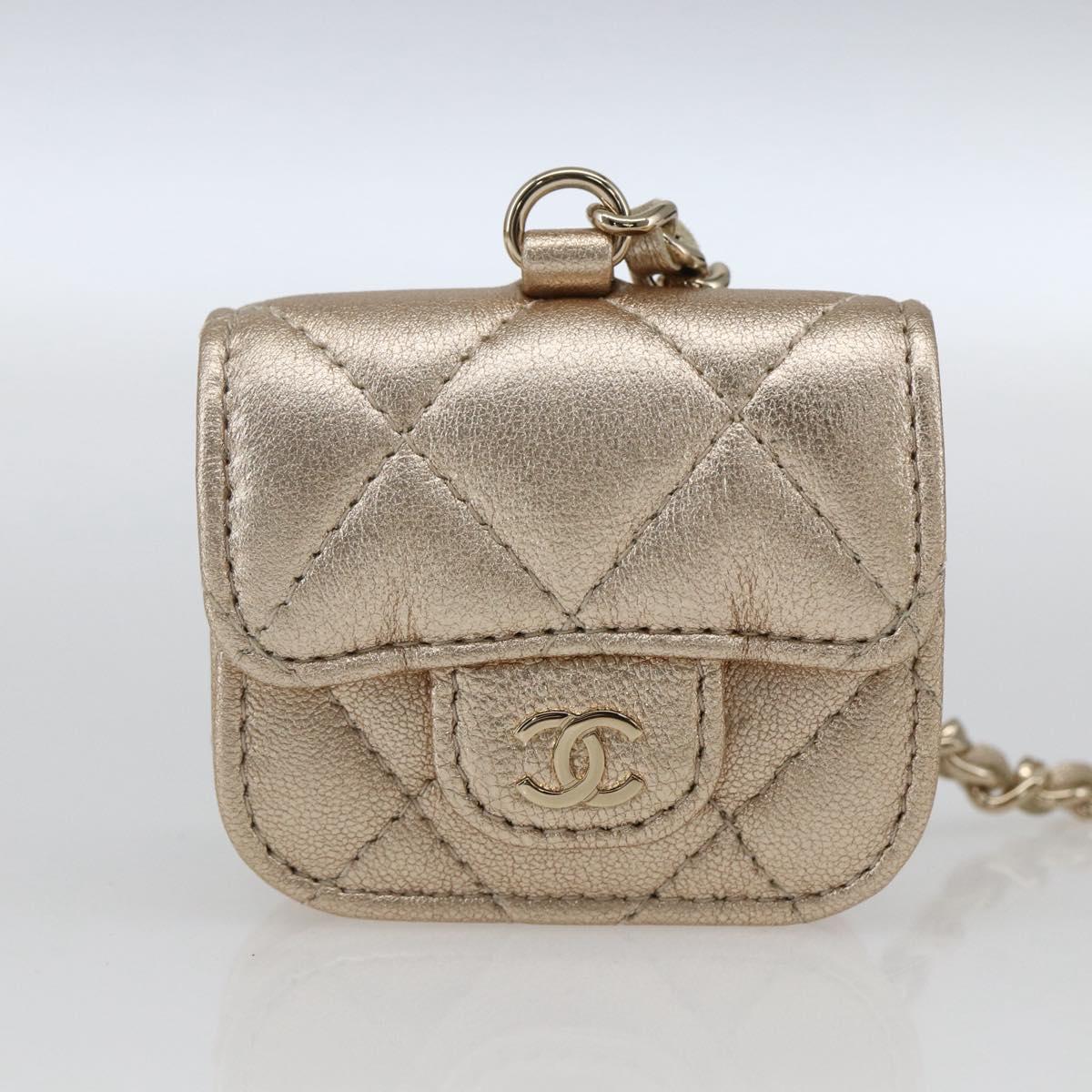 CHANEL Matelasse Coin Purse & AirPods Case Pouch Leather Gold CC Auth 170846SM