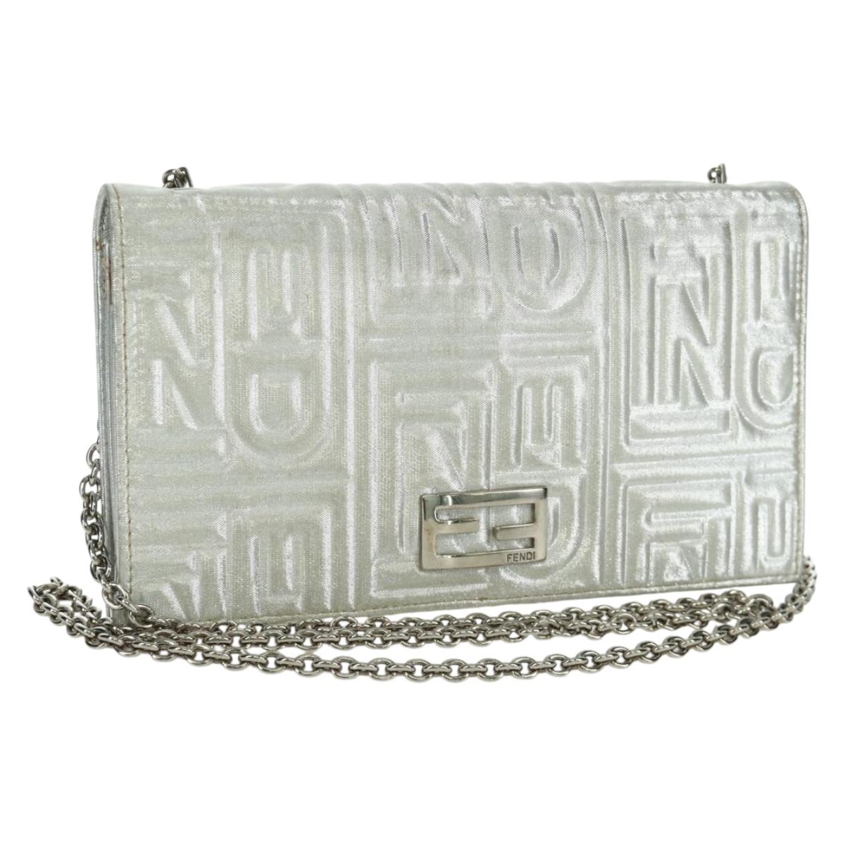 FENDI Chain Wallet Shoulder Bag Leather Silver Auth 170855V