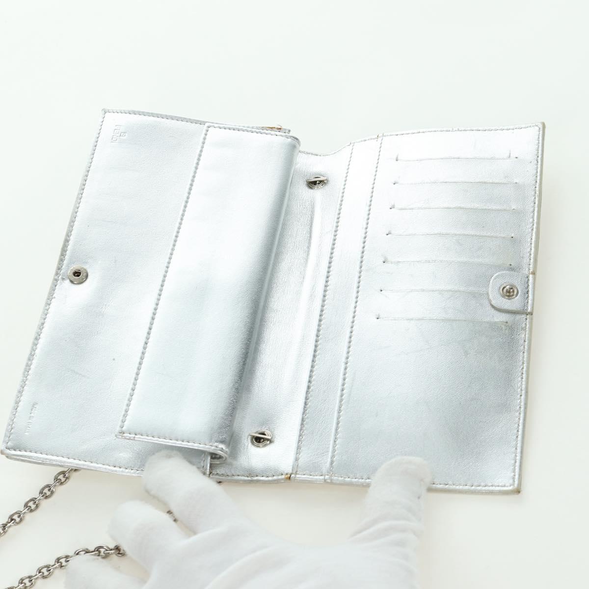 FENDI Chain Wallet Shoulder Bag Leather Silver Auth 170855V