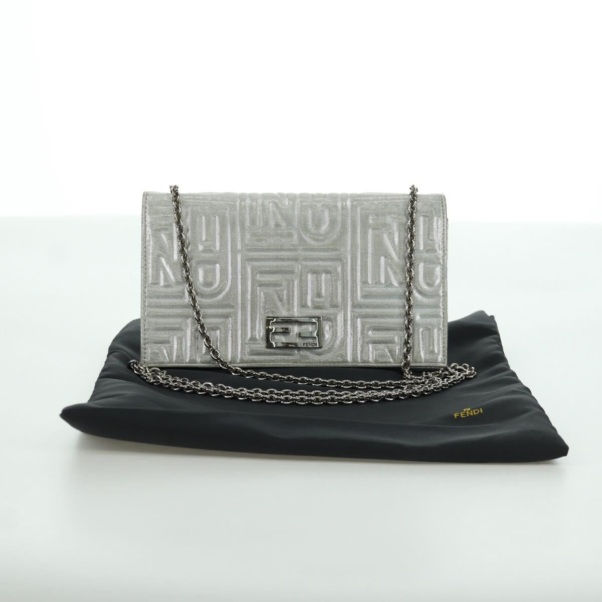 FENDI Chain Wallet Shoulder Bag Leather Silver Auth 170855V