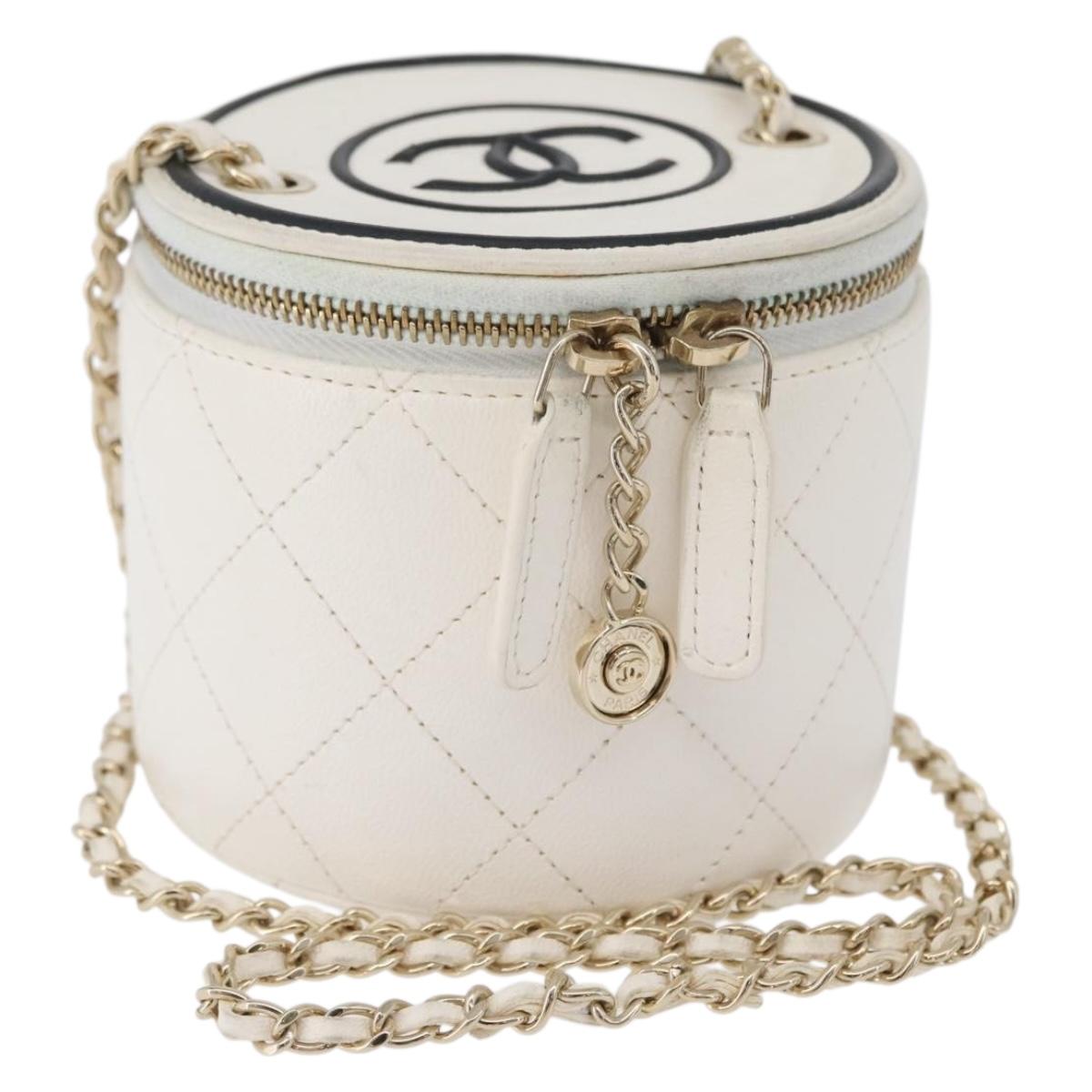 CHANEL Matelasse Chain Shoulder Bag Lamb Skin White Gold CC Auth 170857M