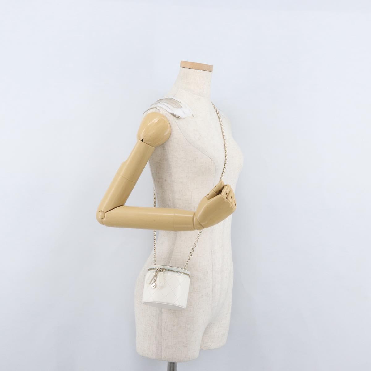 CHANEL Matelasse Chain Shoulder Bag Lamb Skin White Gold CC Auth 170857M