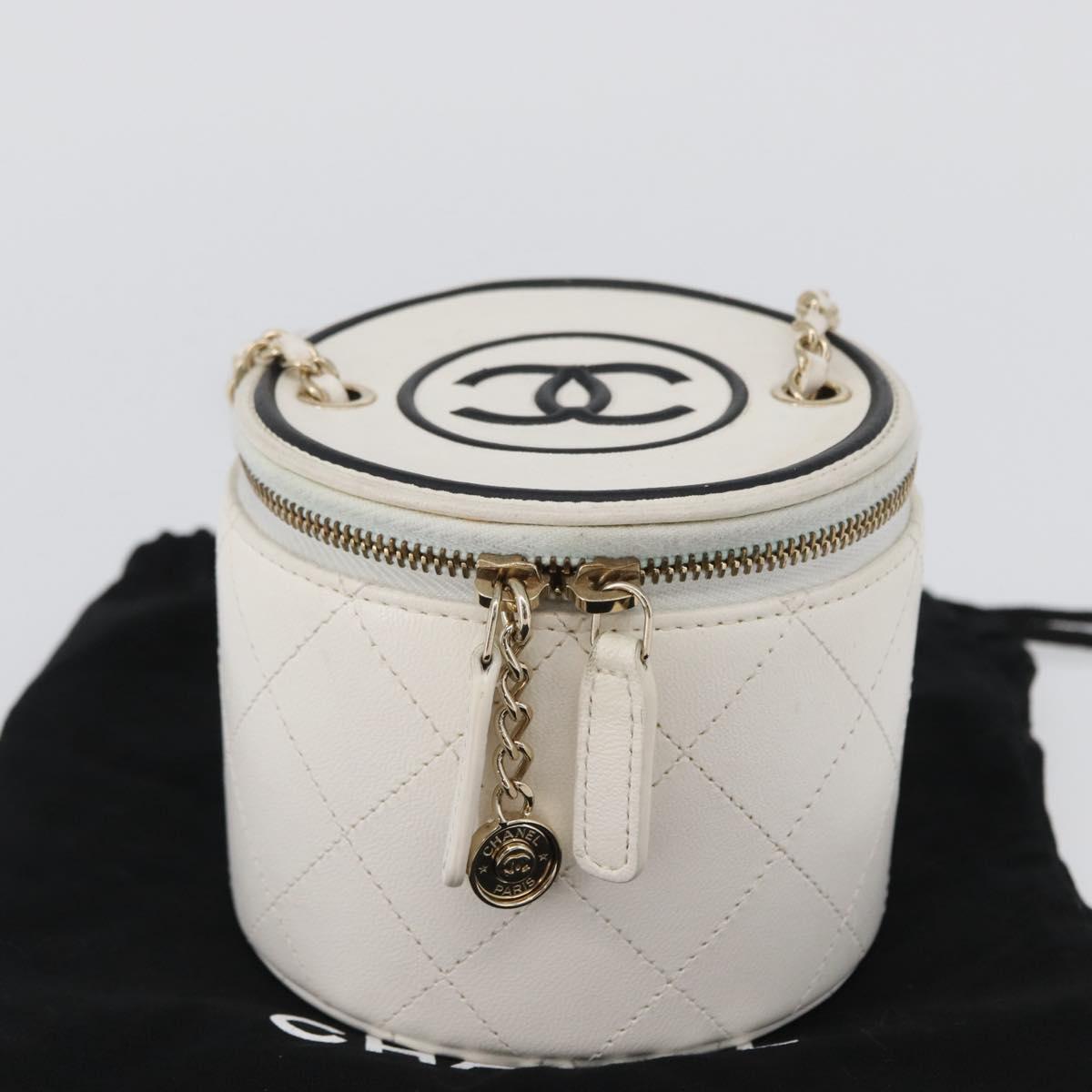 CHANEL Matelasse Chain Shoulder Bag Lamb Skin White Gold CC Auth 170857M