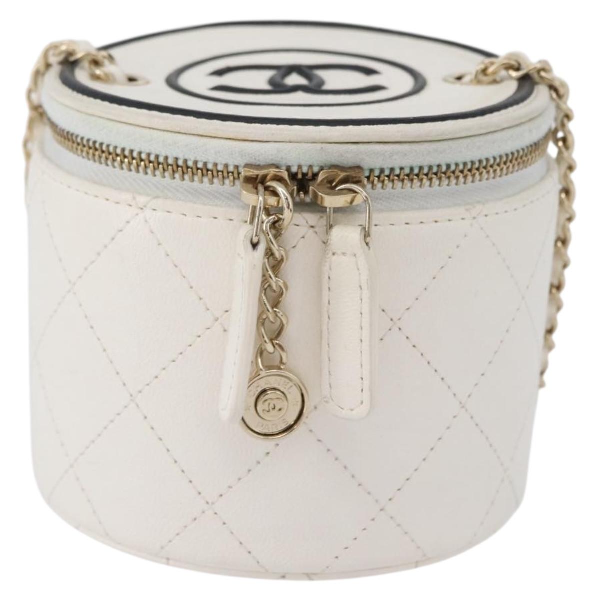 CHANEL Matelasse Chain Shoulder Bag Lamb Skin White Gold CC Auth 170857M