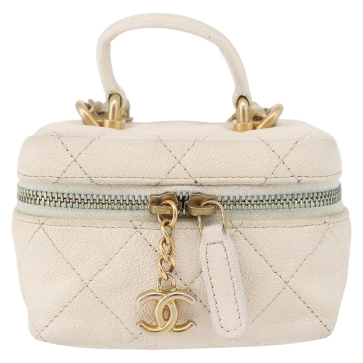 CHANEL Matelasse Vanity Chain Bag Caviar Skin White Gold CC Auth 170858A