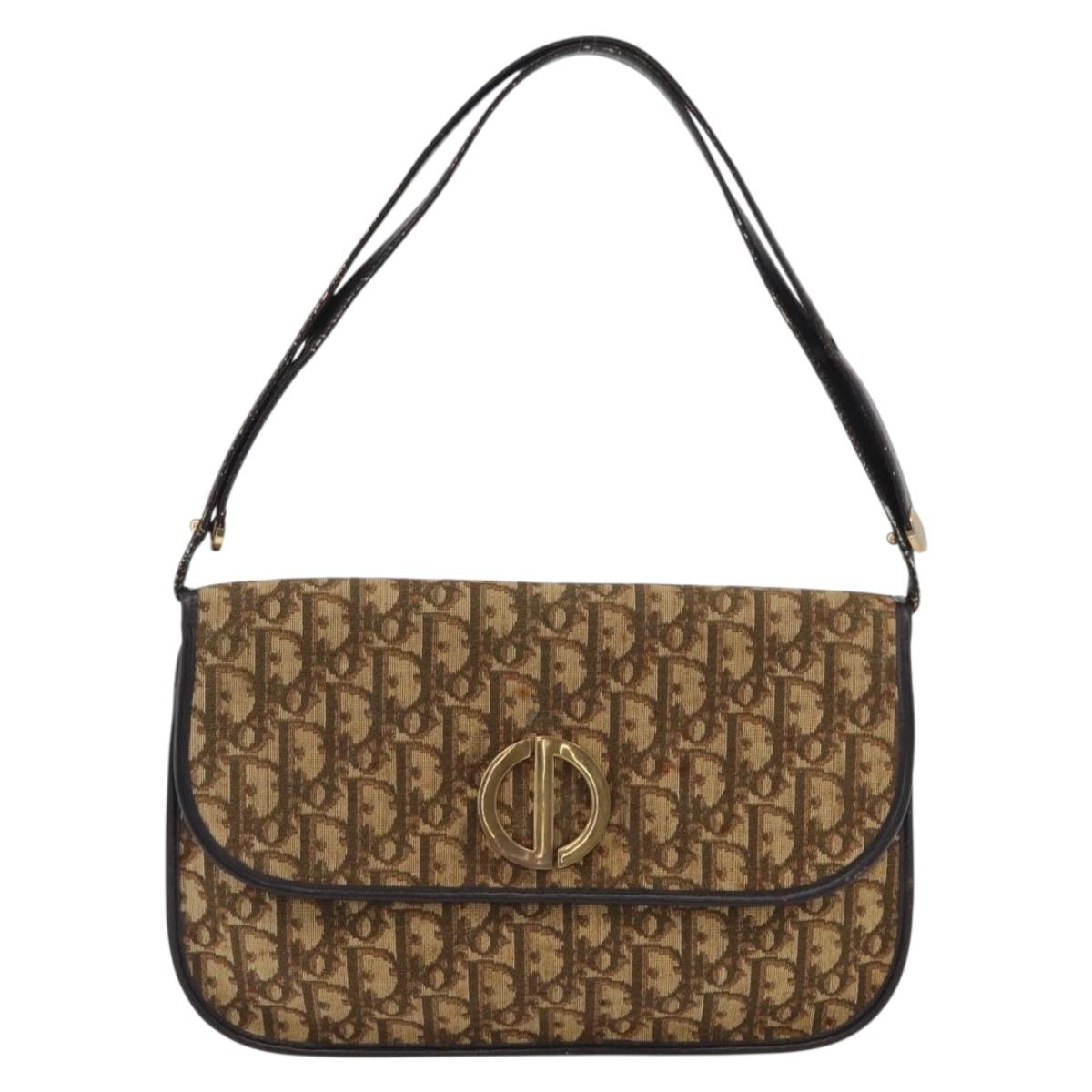 Christian Dior Trotter Canvas Shoulder Bag Beige Gold Auth 170884