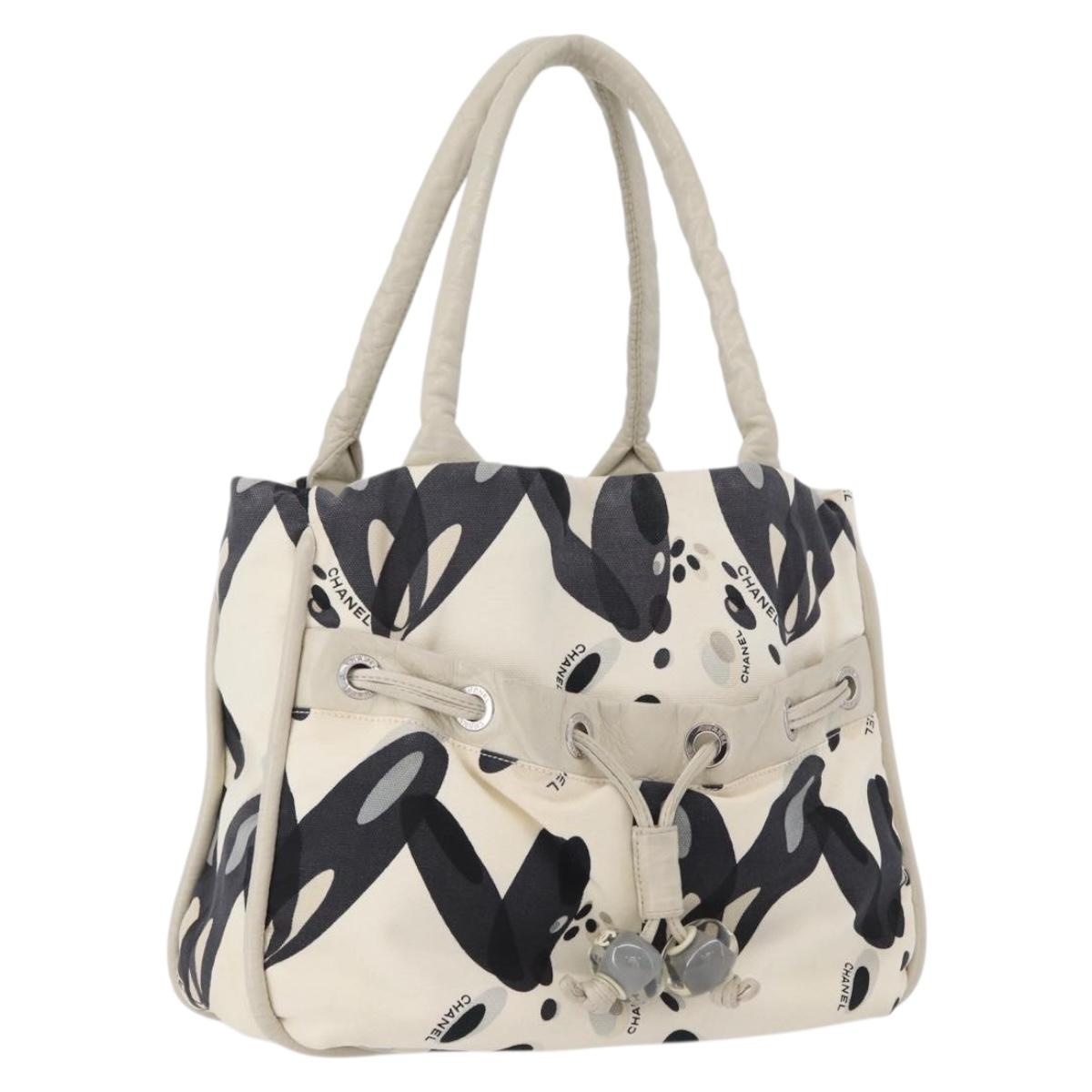CHANEL Tote Bag Canvas White Silver CC Auth 170892