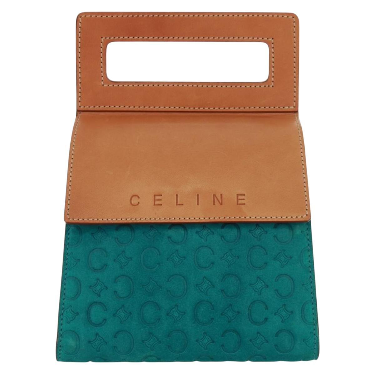 CELINE C Macadam Canvas Hand Bag Suede Turquoise Blue Silver Auth 170908V