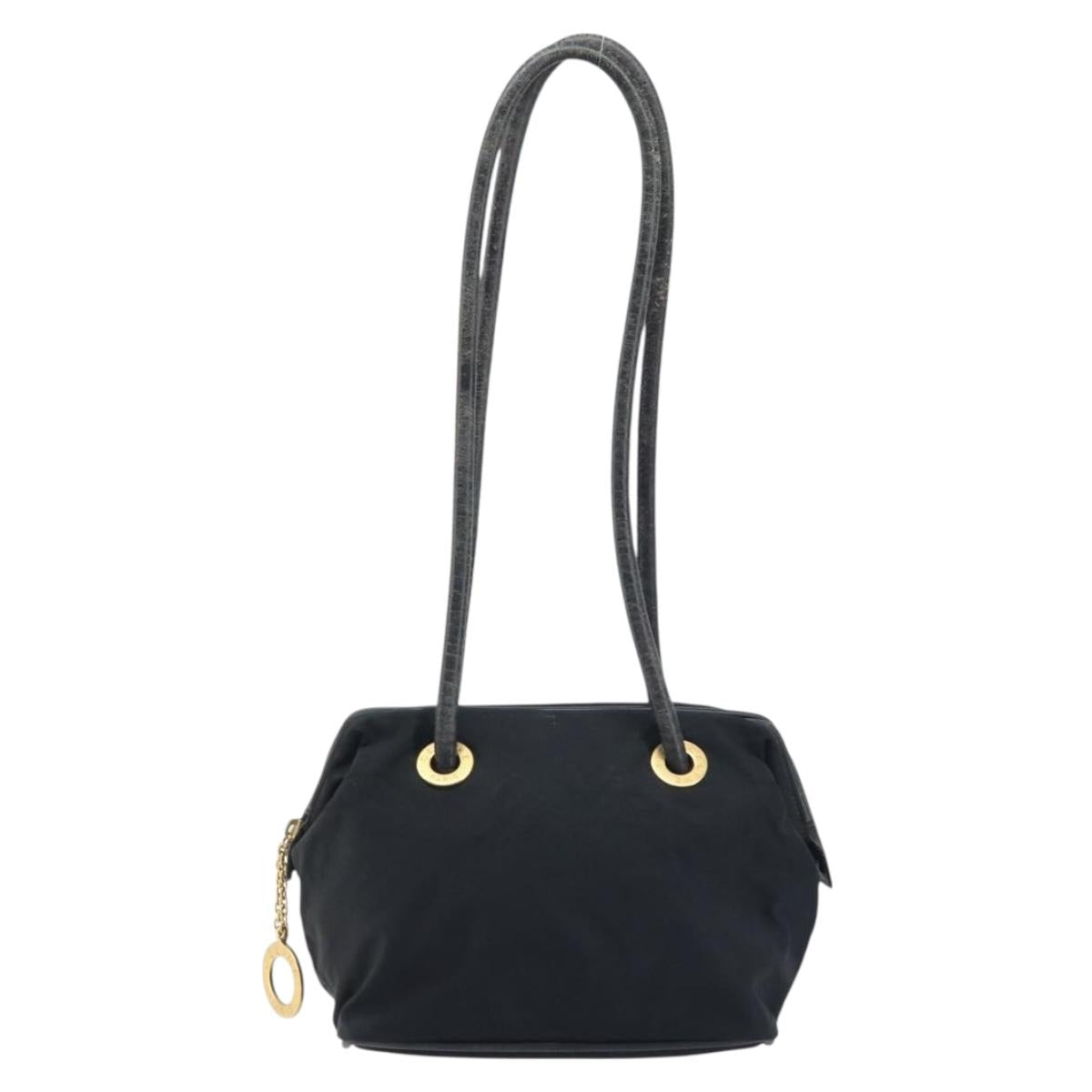 CELINE Circle Shoulder Bag Nylon Leather Black Gold Auth 170915
