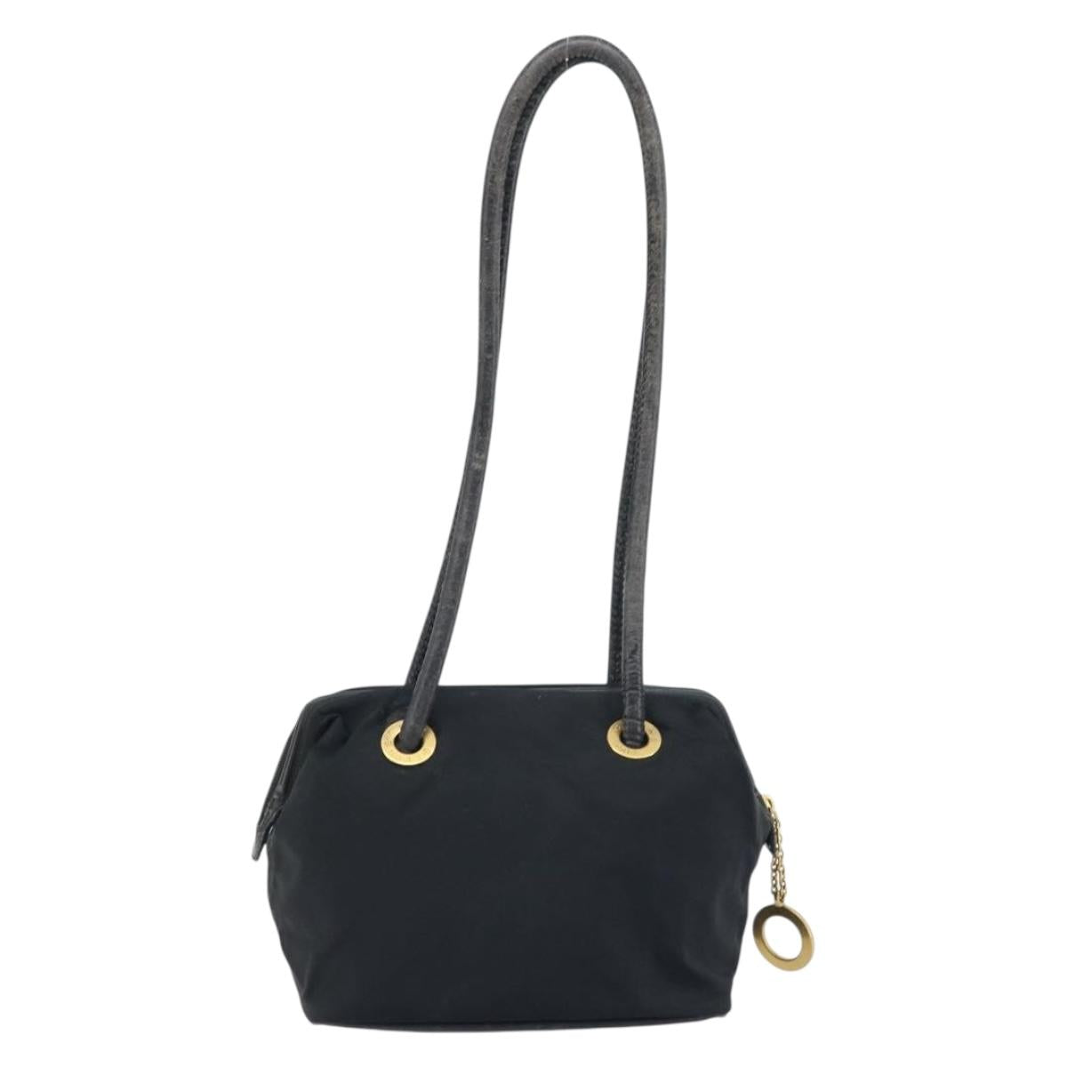 CELINE Circle Shoulder Bag Nylon Leather Black Gold Auth 170915