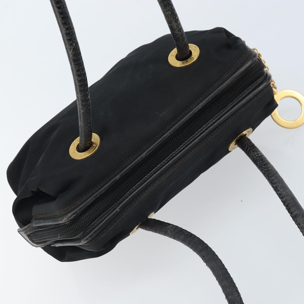 CELINE Circle Shoulder Bag Nylon Leather Black Gold Auth 170915