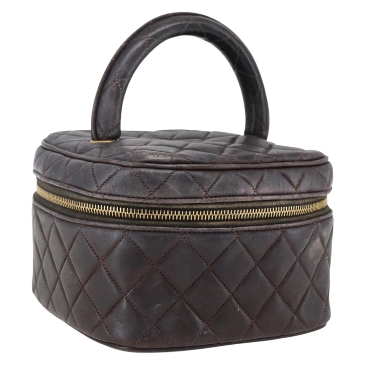 CHANEL Matelasse Vanity Hand Bag Lamb Skin Dark Brown Gold CC Auth 170916