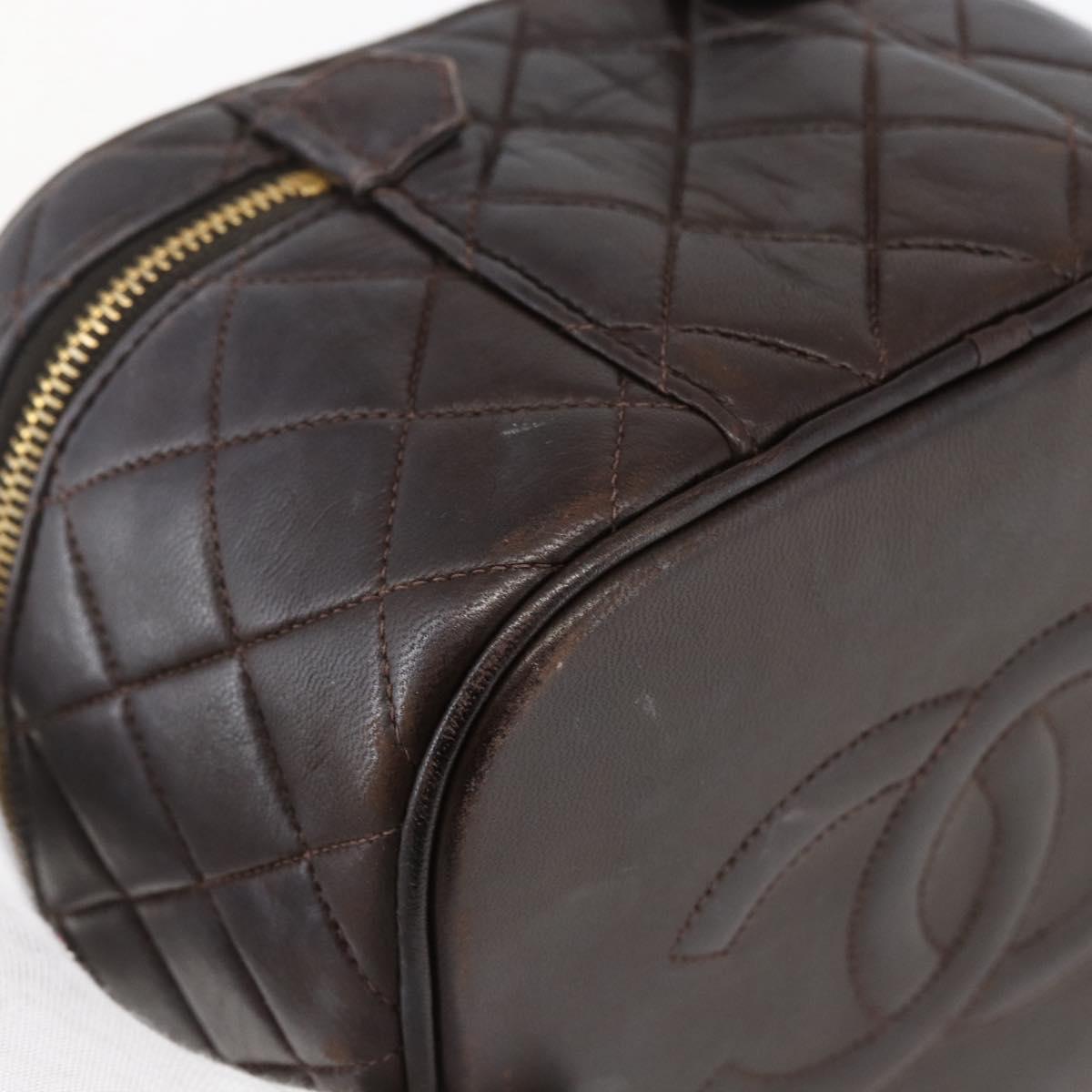 CHANEL Matelasse Vanity Hand Bag Lamb Skin Dark Brown Gold CC Auth 170916