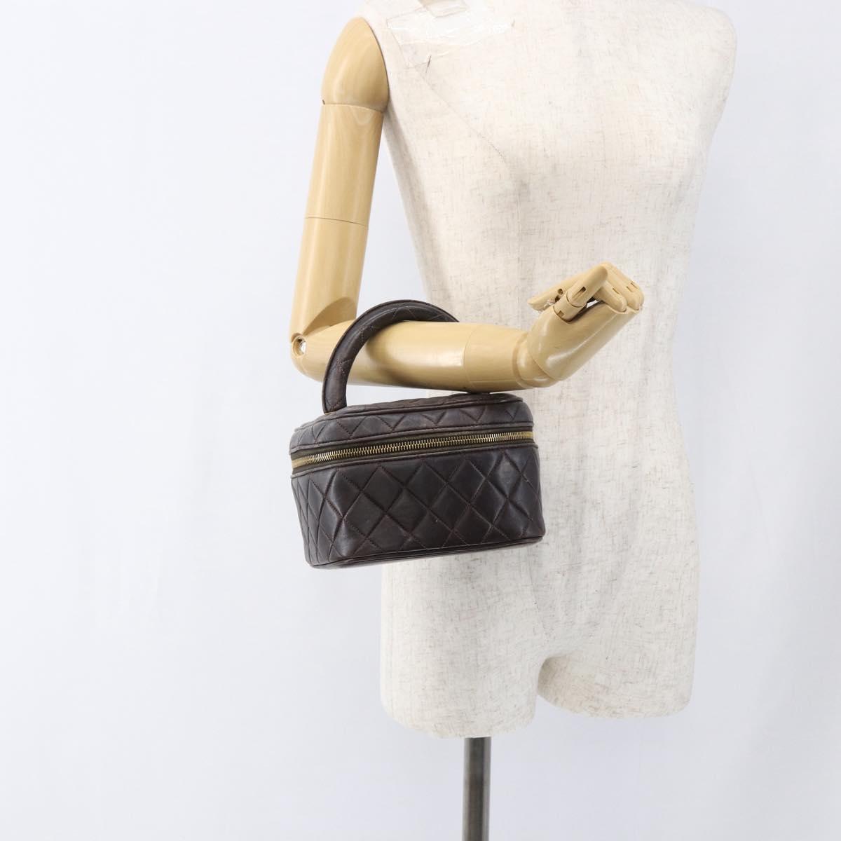 CHANEL Matelasse Vanity Hand Bag Lamb Skin Dark Brown Gold CC Auth 170916