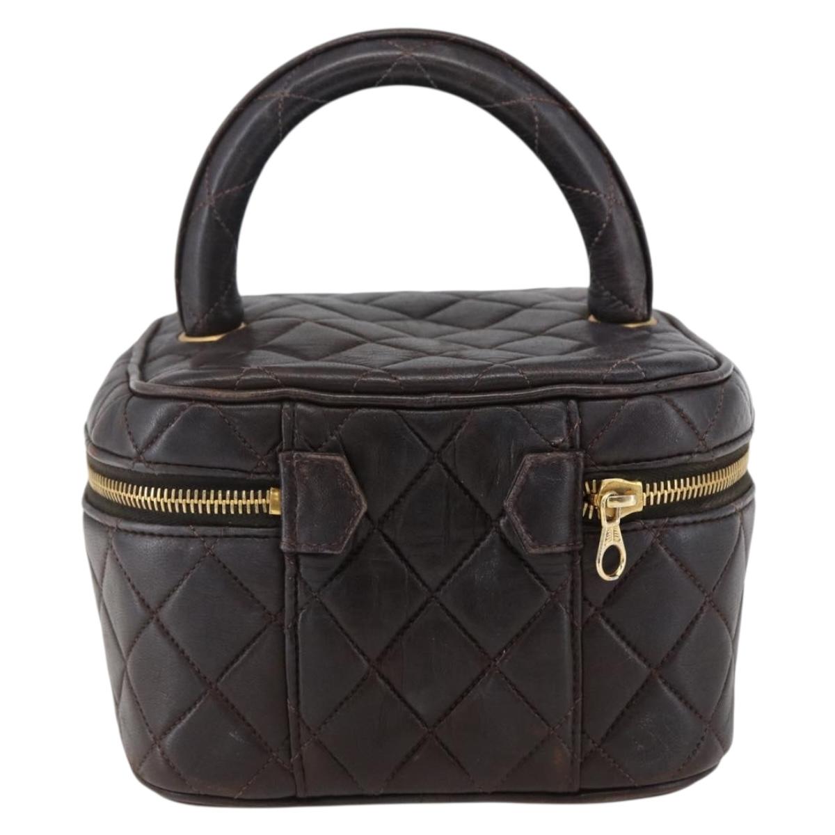 CHANEL Matelasse Vanity Hand Bag Lamb Skin Dark Brown Gold CC Auth 170916