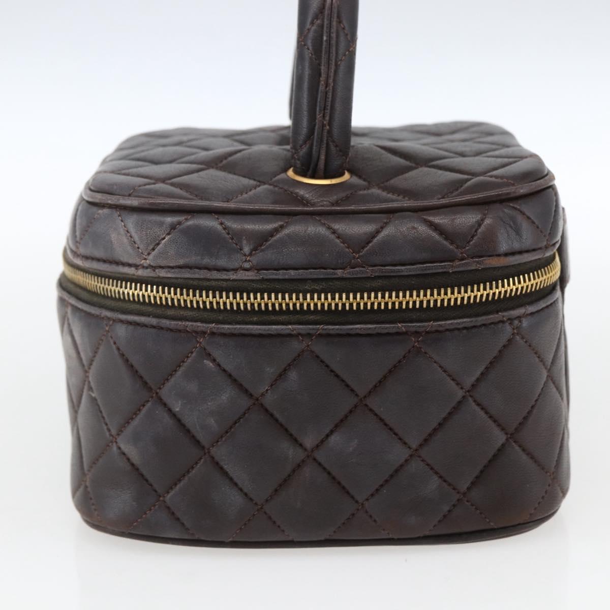 CHANEL Matelasse Vanity Hand Bag Lamb Skin Dark Brown Gold CC Auth 170916